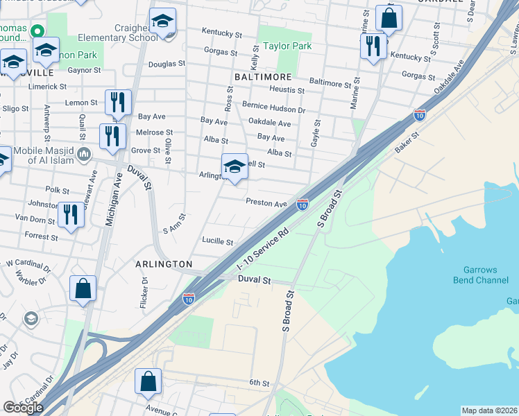 map of restaurants, bars, coffee shops, grocery stores, and more near 1455 C Street in Mobile