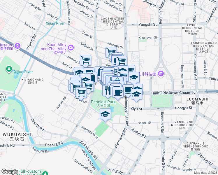 map of restaurants, bars, coffee shops, grocery stores, and more near Shu Du Da Dao Shao Cheng Lu in Cheng Du Shi