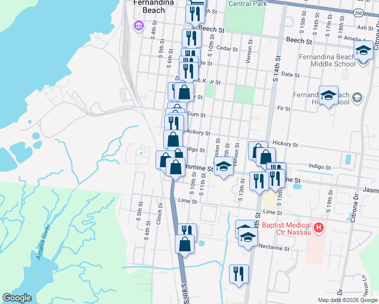 map of restaurants, bars, coffee shops, grocery stores, and more near 906 South 9th Street in Fernandina Beach