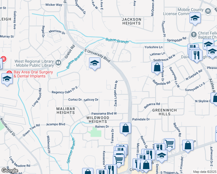 map of restaurants, bars, coffee shops, grocery stores, and more near 1516 Logan Avenue in Mobile