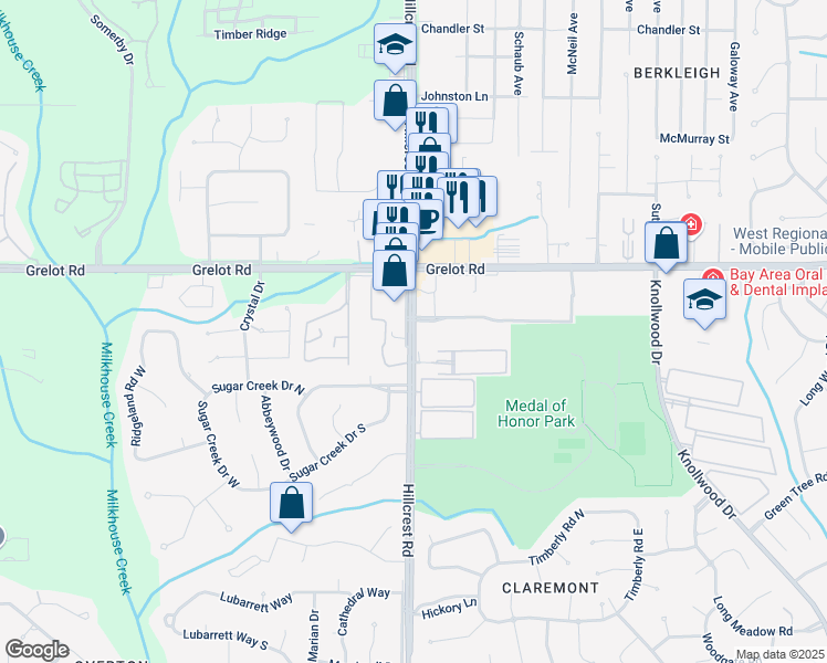 map of restaurants, bars, coffee shops, grocery stores, and more near 1471 Hillcrest Road in Mobile