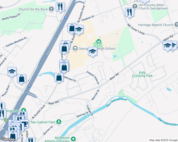 map of restaurants, bars, coffee shops, grocery stores, and more near 101 Pecan Vista Lane in Georgetown
