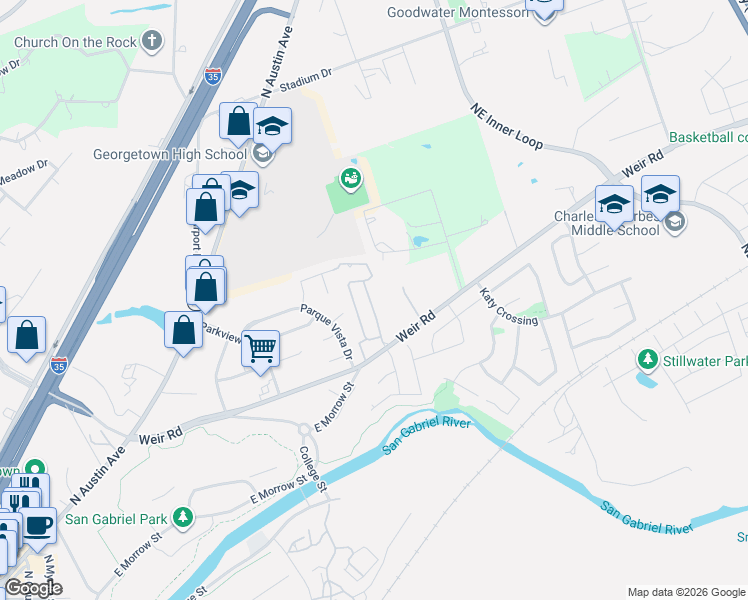 map of restaurants, bars, coffee shops, grocery stores, and more near 661 Farm to Market Road 971 in Georgetown