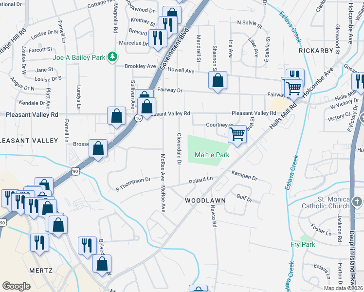 map of restaurants, bars, coffee shops, grocery stores, and more near 1063 Cloverdale Drive in Mobile