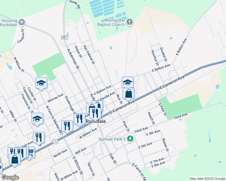 map of restaurants, bars, coffee shops, grocery stores, and more near 318 San Gabriel Street in Rockdale