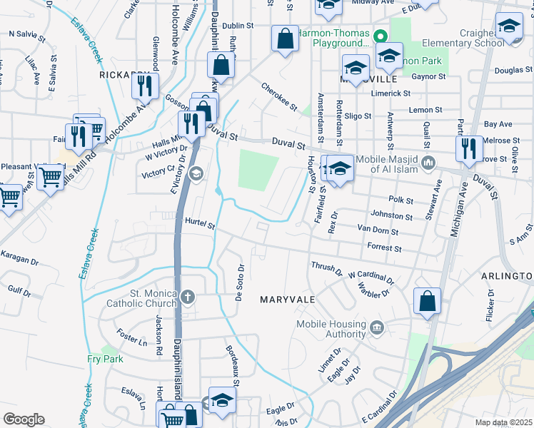 map of restaurants, bars, coffee shops, grocery stores, and more near 1898 S Barkley Dr in Mobile
