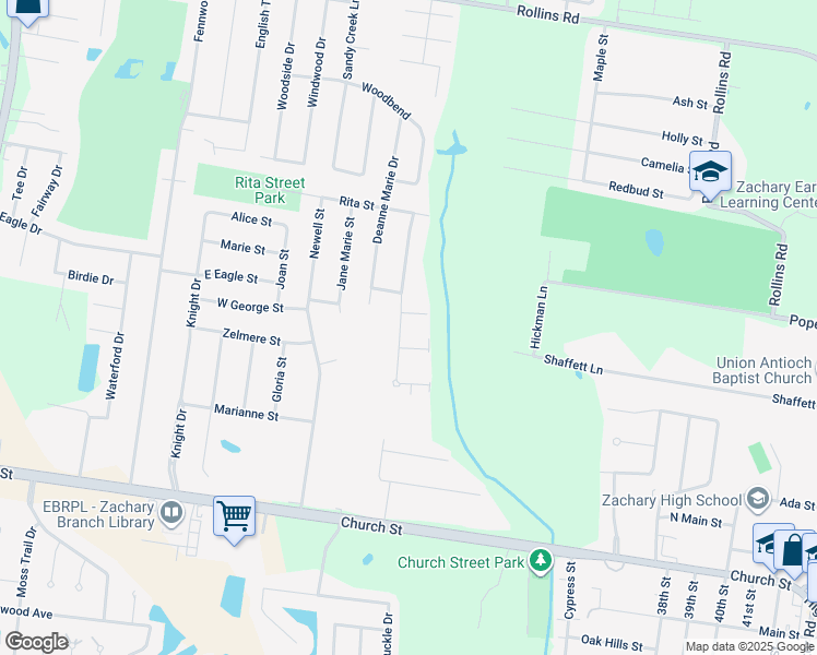 map of restaurants, bars, coffee shops, grocery stores, and more near 2713 Penny Lane in Zachary