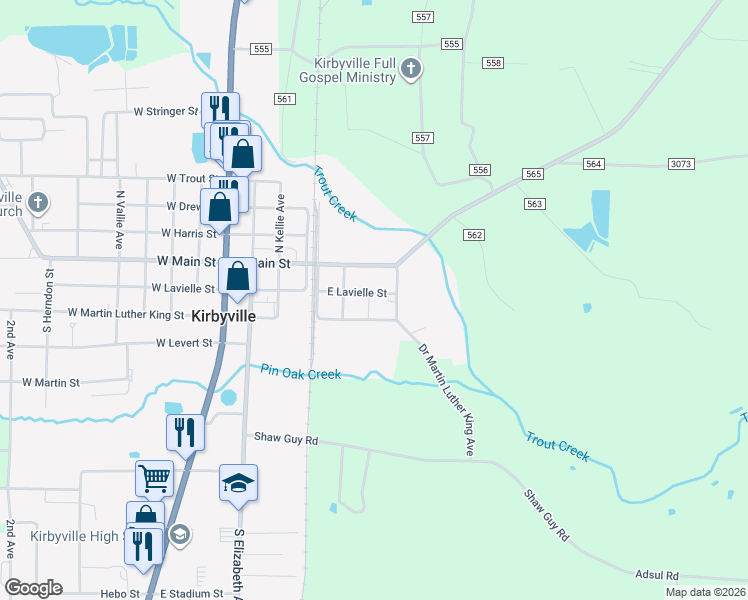 map of restaurants, bars, coffee shops, grocery stores, and more near 606 East Lavielle Street in Kirbyville