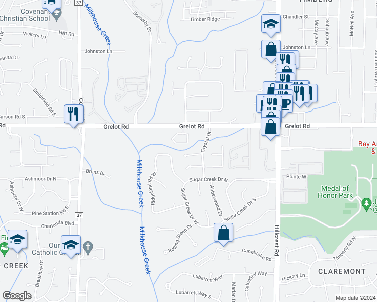 map of restaurants, bars, coffee shops, grocery stores, and more near 6612 Crystal Court North in Mobile