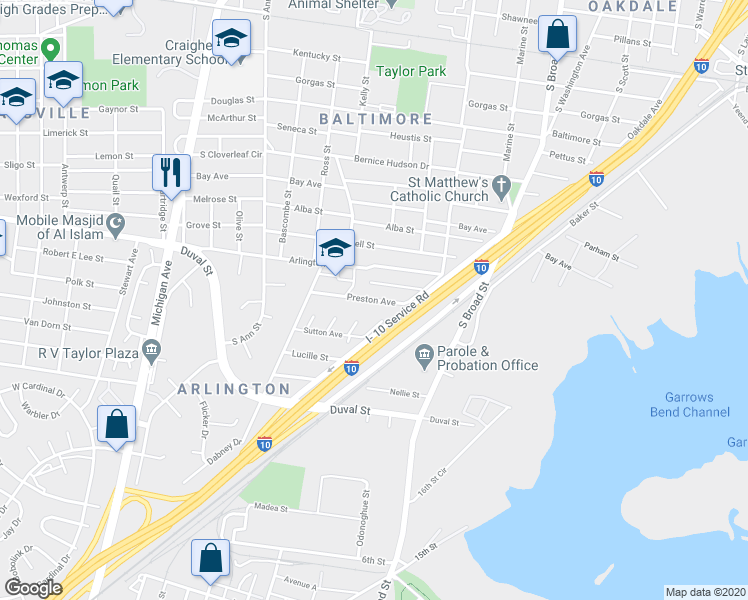 map of restaurants, bars, coffee shops, grocery stores, and more near 1069 Preston Avenue in Mobile