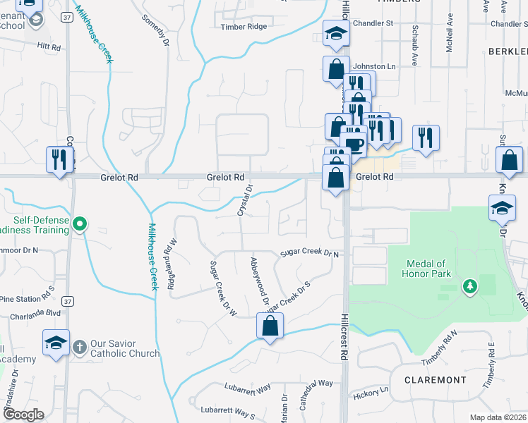 map of restaurants, bars, coffee shops, grocery stores, and more near 6598 Sugar Creek Place in Mobile