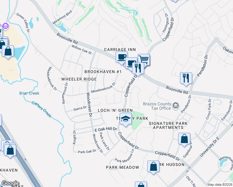 map of restaurants, bars, coffee shops, grocery stores, and more near 813 Tiffany Park Drive in Bryan