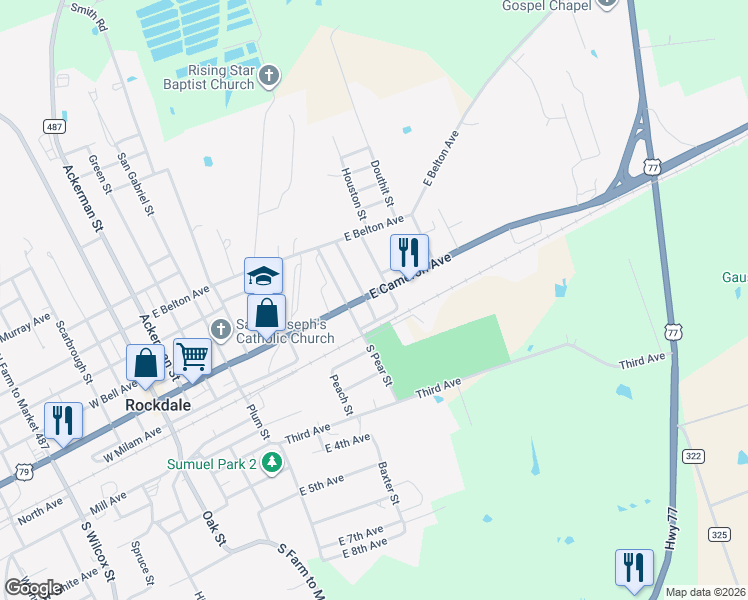 map of restaurants, bars, coffee shops, grocery stores, and more near 1001 East Cameron Avenue in Rockdale