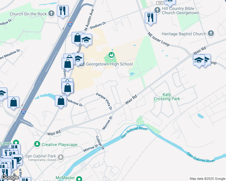 map of restaurants, bars, coffee shops, grocery stores, and more near 671 Farm to Market Road 971 in Georgetown