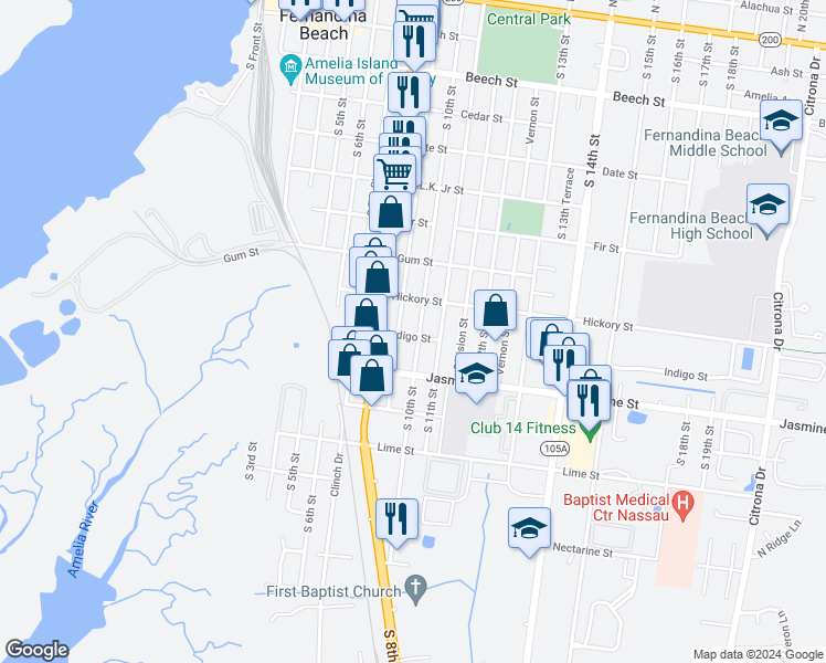 map of restaurants, bars, coffee shops, grocery stores, and more near 829 South 10th Street in Fernandina Beach