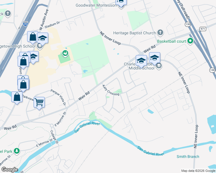 map of restaurants, bars, coffee shops, grocery stores, and more near 212 Bastian Lane in Georgetown