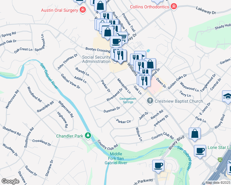 map of restaurants, bars, coffee shops, grocery stores, and more near 803 River Bend Drive in Georgetown
