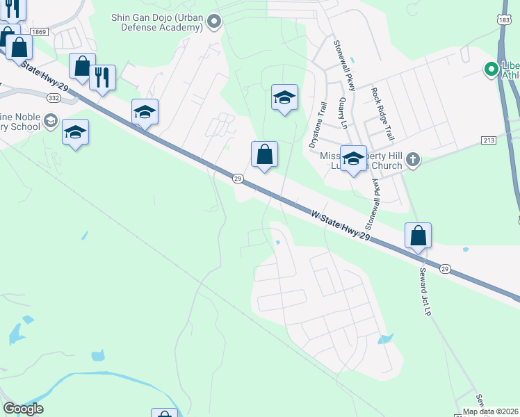map of restaurants, bars, coffee shops, grocery stores, and more near 100 Liberty Meadow Drive in Liberty Hill