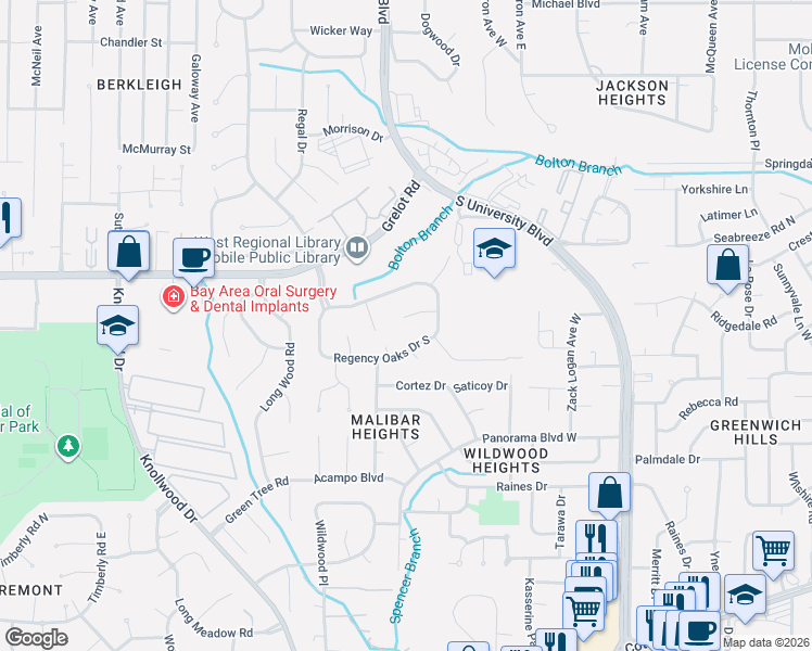 map of restaurants, bars, coffee shops, grocery stores, and more near 5512 Oak Park Court in Mobile