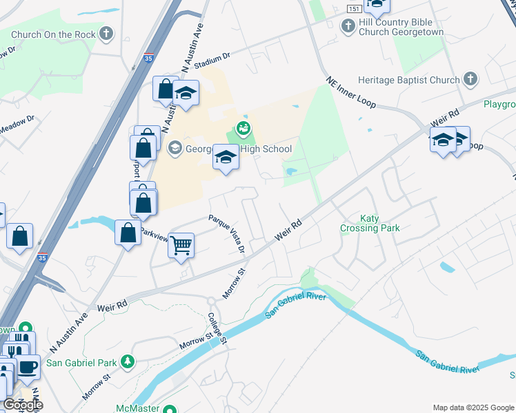 map of restaurants, bars, coffee shops, grocery stores, and more near 671 Farm to Market Road 971 in Georgetown