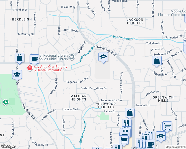 map of restaurants, bars, coffee shops, grocery stores, and more near 1437 Regency Oaks Drive West in Mobile