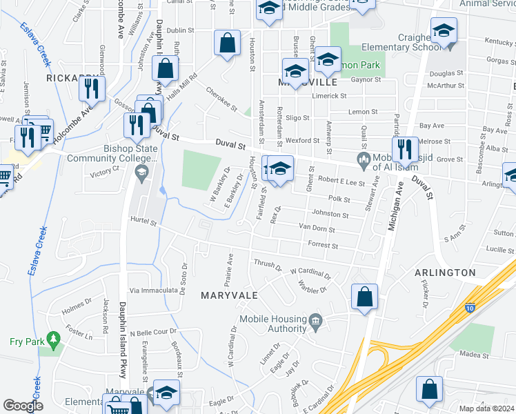 map of restaurants, bars, coffee shops, grocery stores, and more near 1470 Fairfield Street in Mobile