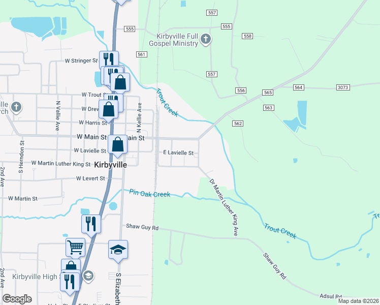 map of restaurants, bars, coffee shops, grocery stores, and more near 606 East Lavielle Street in Kirbyville