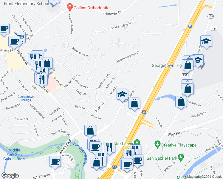 map of restaurants, bars, coffee shops, grocery stores, and more near 409 East Janis Drive in Georgetown