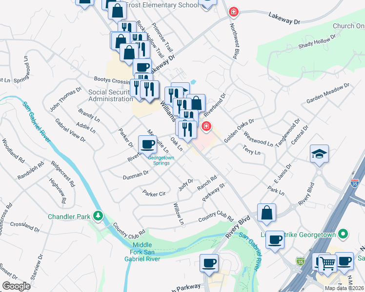 map of restaurants, bars, coffee shops, grocery stores, and more near 2501 Oak Lane in Georgetown