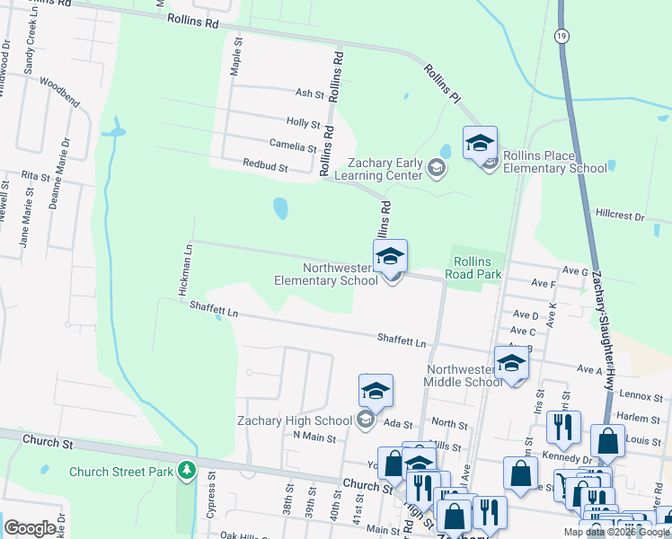 map of restaurants, bars, coffee shops, grocery stores, and more near 3850 Pope Road in Zachary