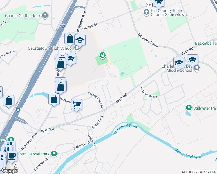 map of restaurants, bars, coffee shops, grocery stores, and more near 671 Farm to Market Road 971 in Georgetown
