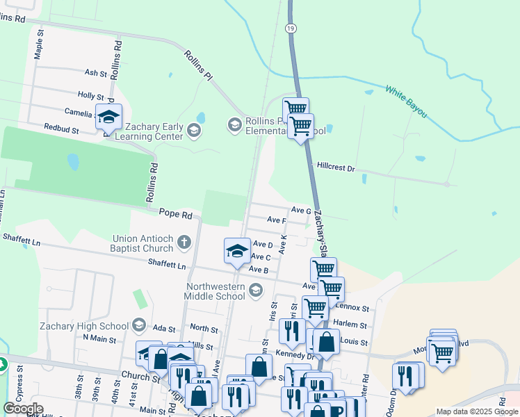 map of restaurants, bars, coffee shops, grocery stores, and more near 4561 Avenue G in Zachary