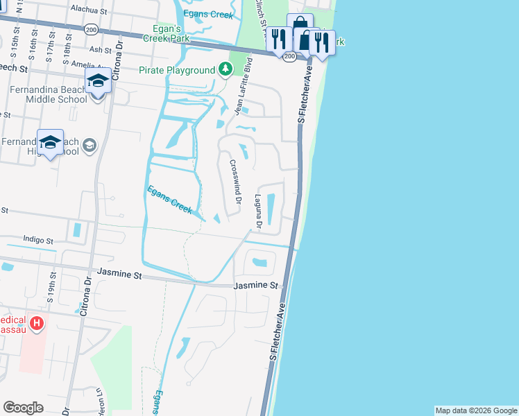 map of restaurants, bars, coffee shops, grocery stores, and more near 854 Laguna Drive in Fernandina Beach