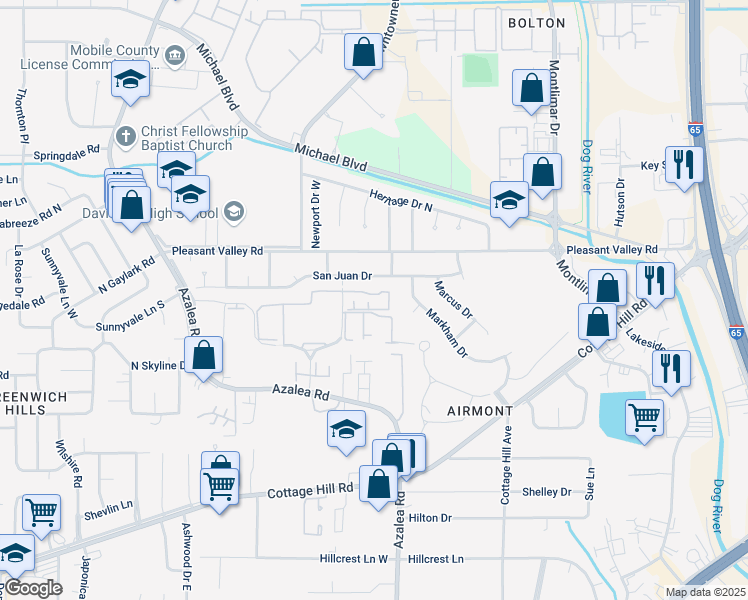 map of restaurants, bars, coffee shops, grocery stores, and more near 551 Village Green Drive East in Mobile