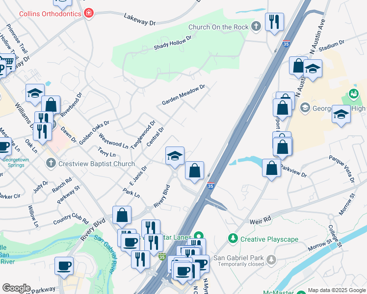 map of restaurants, bars, coffee shops, grocery stores, and more near 1617 Northwest Boulevard in Georgetown