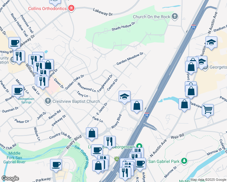 map of restaurants, bars, coffee shops, grocery stores, and more near 409 East Janis Drive in Georgetown
