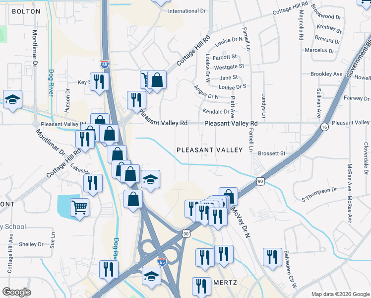 map of restaurants, bars, coffee shops, grocery stores, and more near 924 Shady Brook Drive in Mobile