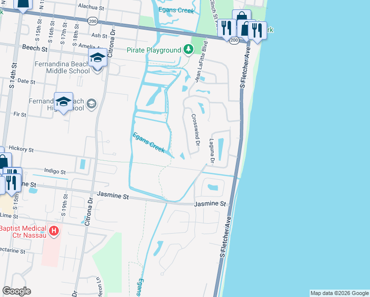 map of restaurants, bars, coffee shops, grocery stores, and more near 503 Crosswind Drive in Fernandina Beach