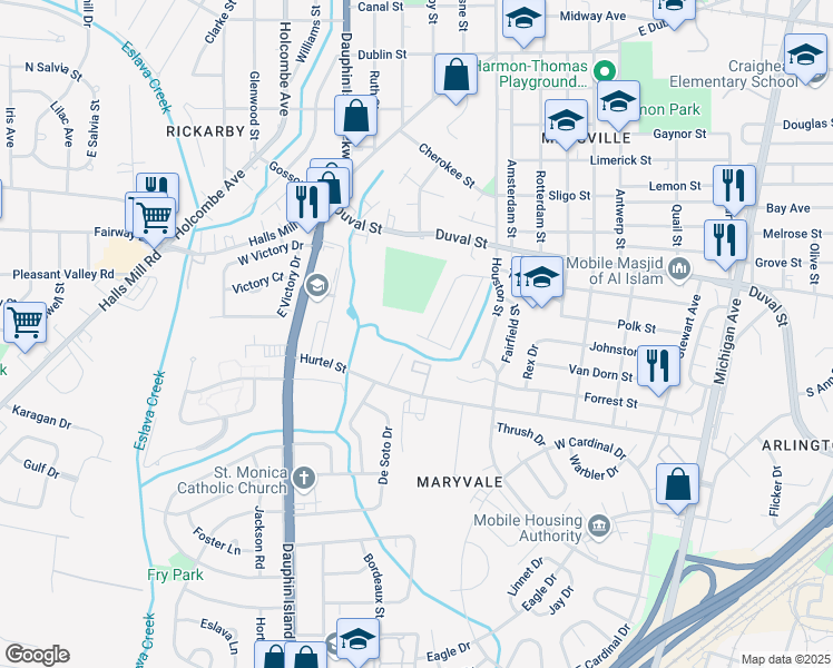 map of restaurants, bars, coffee shops, grocery stores, and more near 1898 South Barkley Drive in Mobile