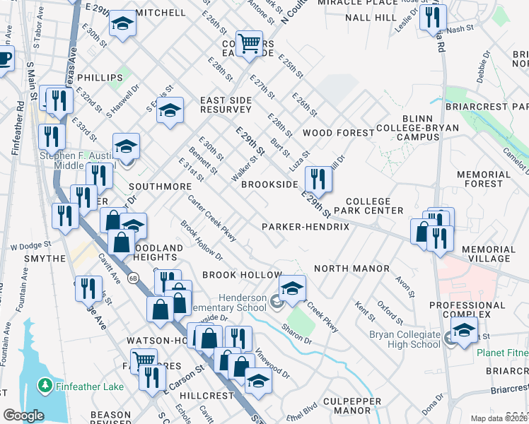 map of restaurants, bars, coffee shops, grocery stores, and more near 1560 Bennett Street in Bryan