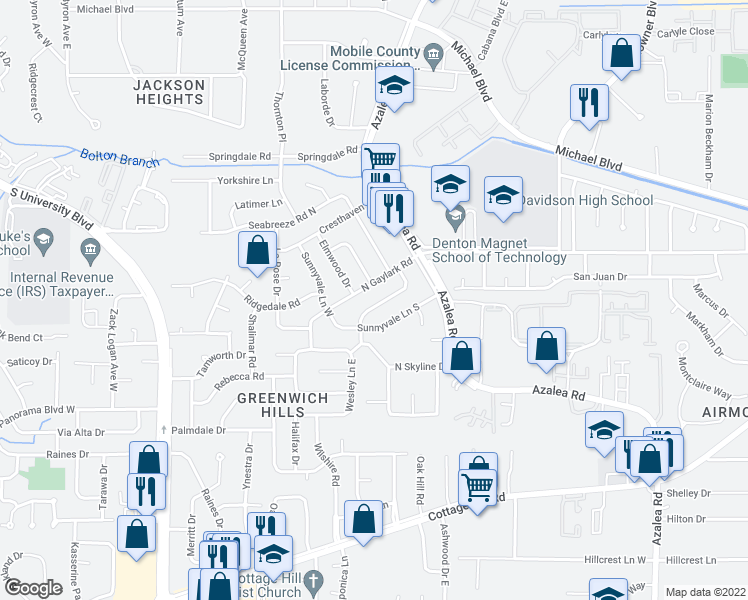 map of restaurants, bars, coffee shops, grocery stores, and more near 4012 Meadow Wood Curv in Mobile