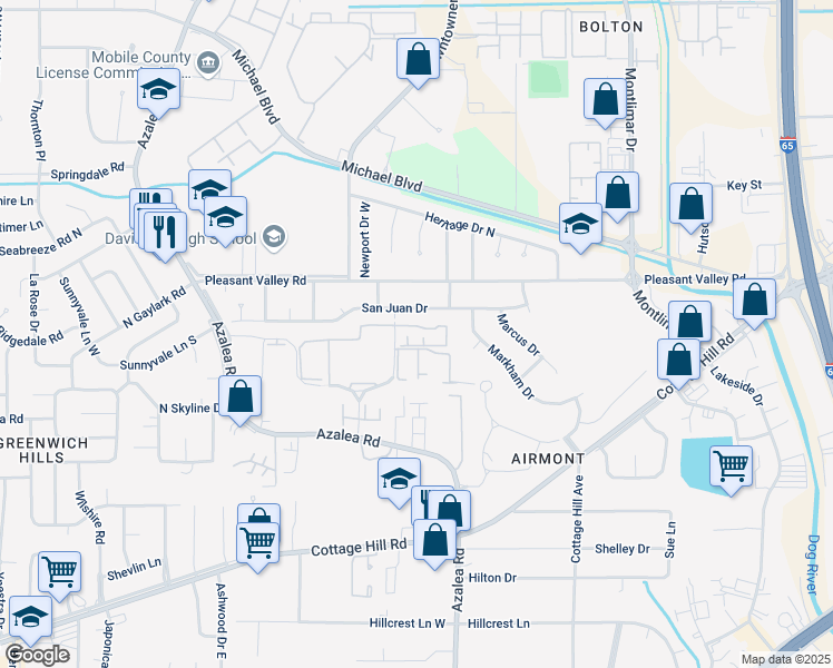 map of restaurants, bars, coffee shops, grocery stores, and more near 639 Azalea Road in Mobile