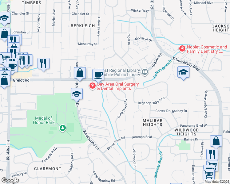 map of restaurants, bars, coffee shops, grocery stores, and more near 1455 Fern Valley Road in Mobile