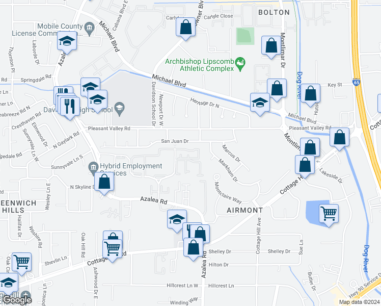 map of restaurants, bars, coffee shops, grocery stores, and more near 551 Village Green Drive East in Mobile