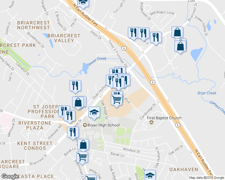 map of restaurants, bars, coffee shops, grocery stores, and more near 2210 Briarcrest Drive in Bryan
