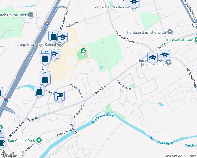 map of restaurants, bars, coffee shops, grocery stores, and more near 765 Farm to Market Road 971 in Georgetown