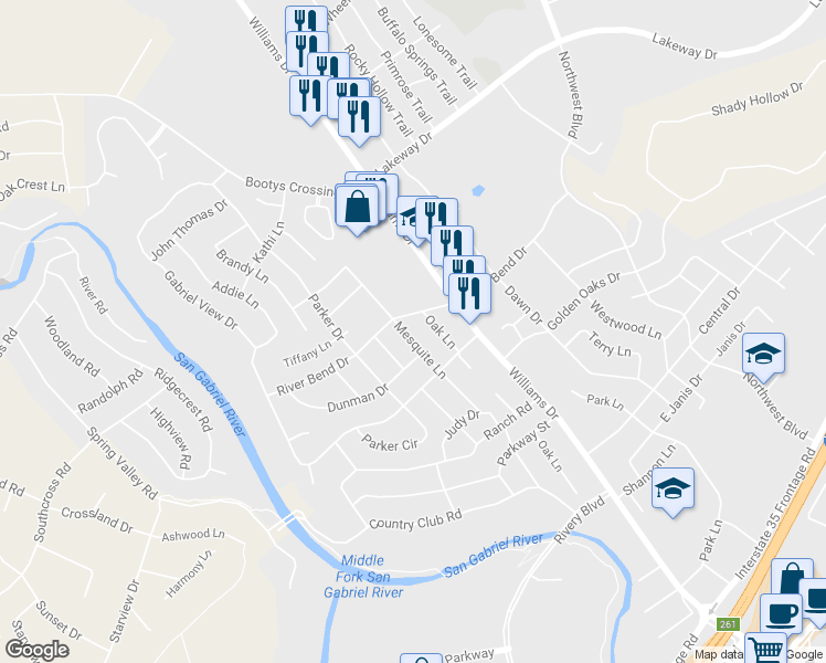 map of restaurants, bars, coffee shops, grocery stores, and more near 2701 Mesquite Ln in Georgetown