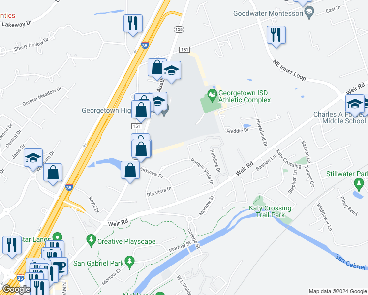 map of restaurants, bars, coffee shops, grocery stores, and more near 108 Pecan Vista Lane in Georgetown