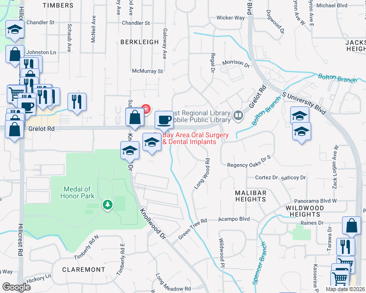 map of restaurants, bars, coffee shops, grocery stores, and more near 1455 Fern Valley Road in Mobile