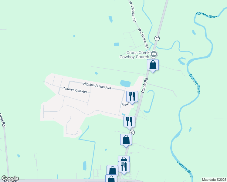 map of restaurants, bars, coffee shops, grocery stores, and more near 9432 Highland Oaks Avenue in Zachary